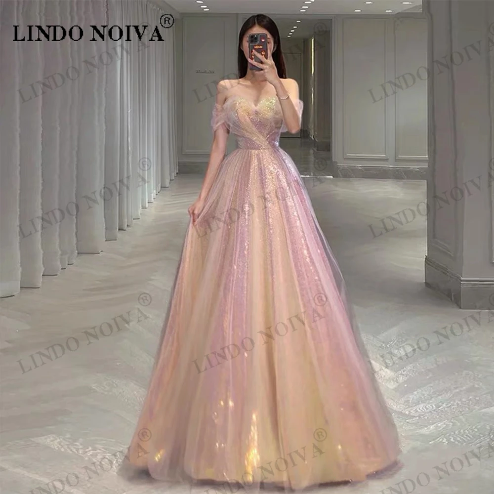 

LINDO NOIVA Off Shoulder Evening Dresses Sparkly Pink Beading A Line Tulle Strapless Ceremony Party Prom Gowns Vestidos De Noche
