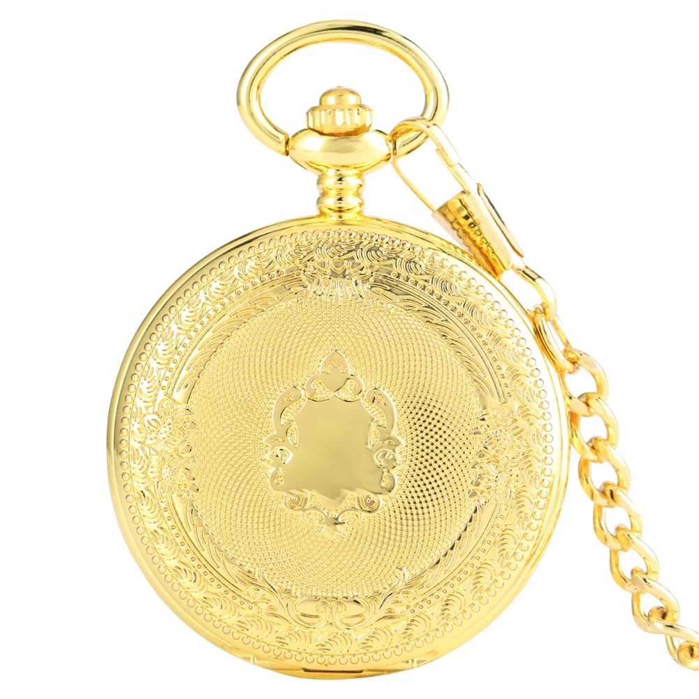 

Gold Shield Pattern Men's Mechanical Pocket Watch Hand Winding Movement Roman Numerals Dial Antique Pendant Pocket Clock Gift