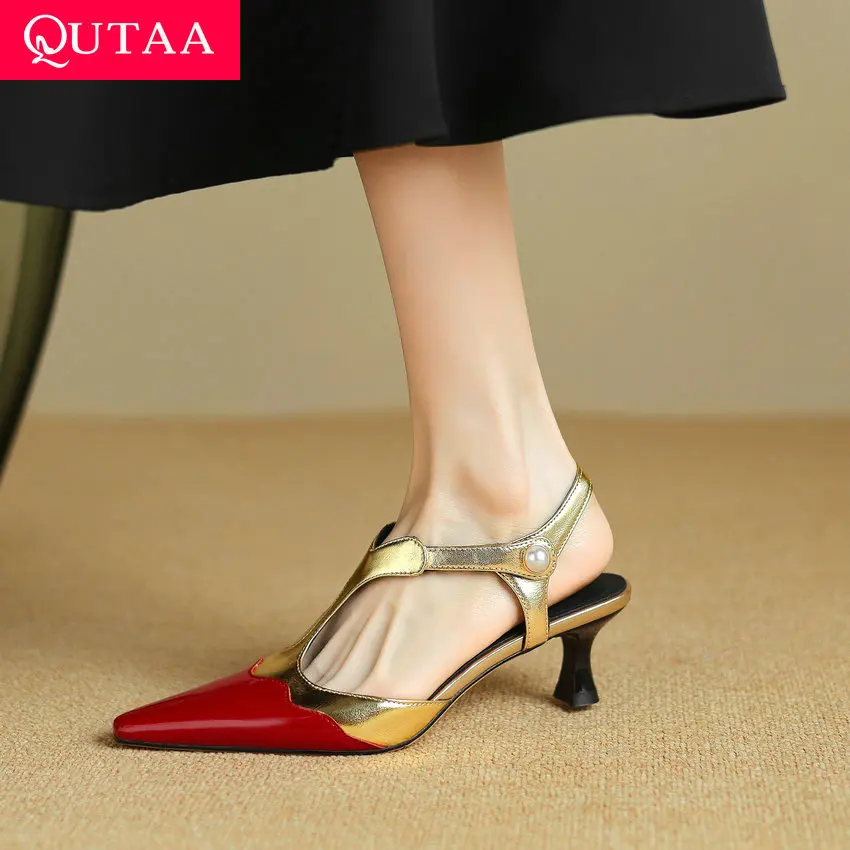 

QUTAA 2024 Elegant Women Genuine Leather Sandals Sexy Pointed Toe Slingbacks Party Wedding Shoes Woman Office Pumps Size 34-40