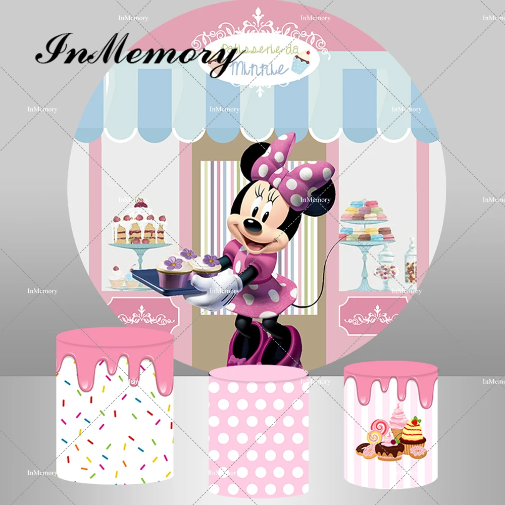 

Minnie Mouse Candy House Round Backdrop Cover for Girls Baby Shower Birthday Party Cake Table Banner Cylinder Covers