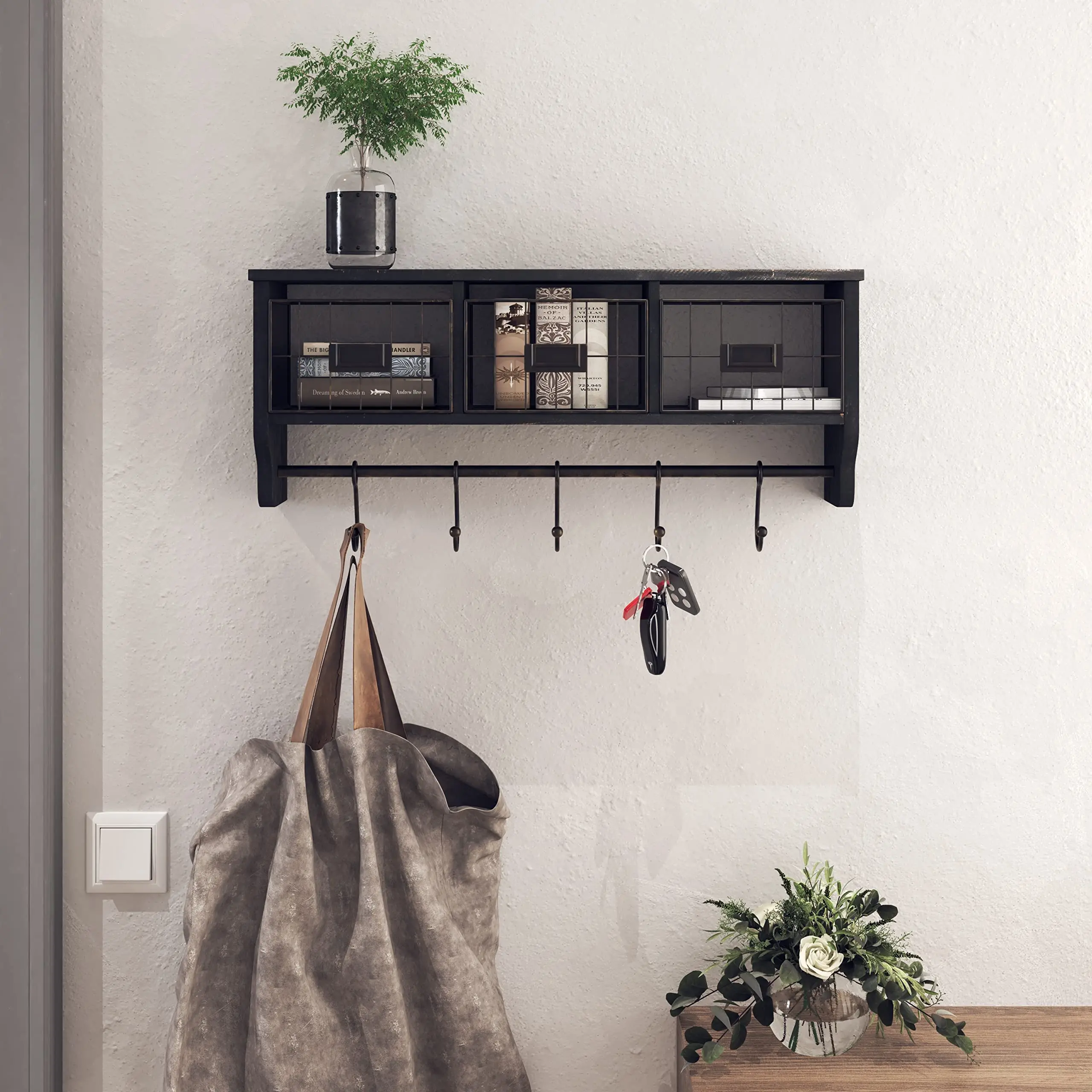 

Wall Mounted Shelf with Coat Hooks and Baskets, Solid Wood Entryway Organizer Wall Shelf with Hooks Rustic Blackwash 24" Wide