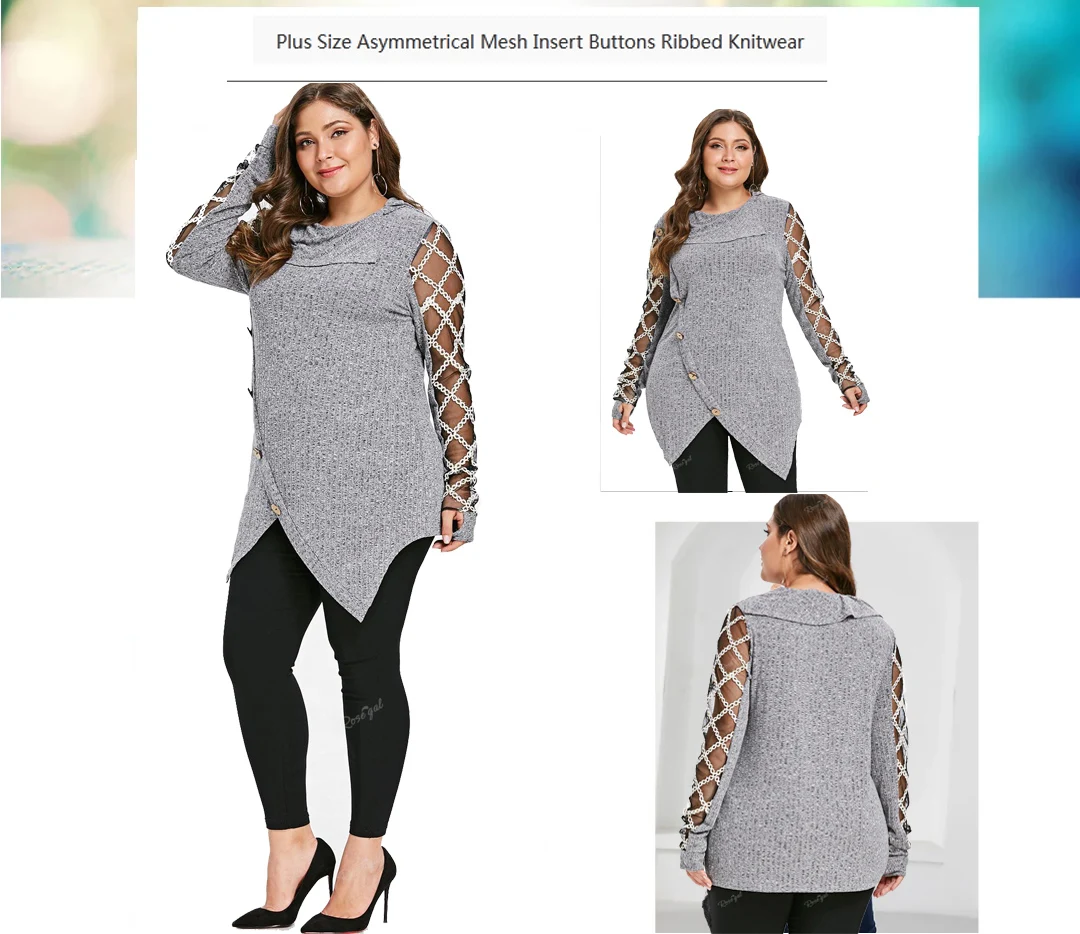 

ROSEGAL Plus Size Women's Knitwear Gray Asymmetrical Mesh Insert Buttons Ribbed Pullovers Tops 2023 New Vintage T-Shirt
