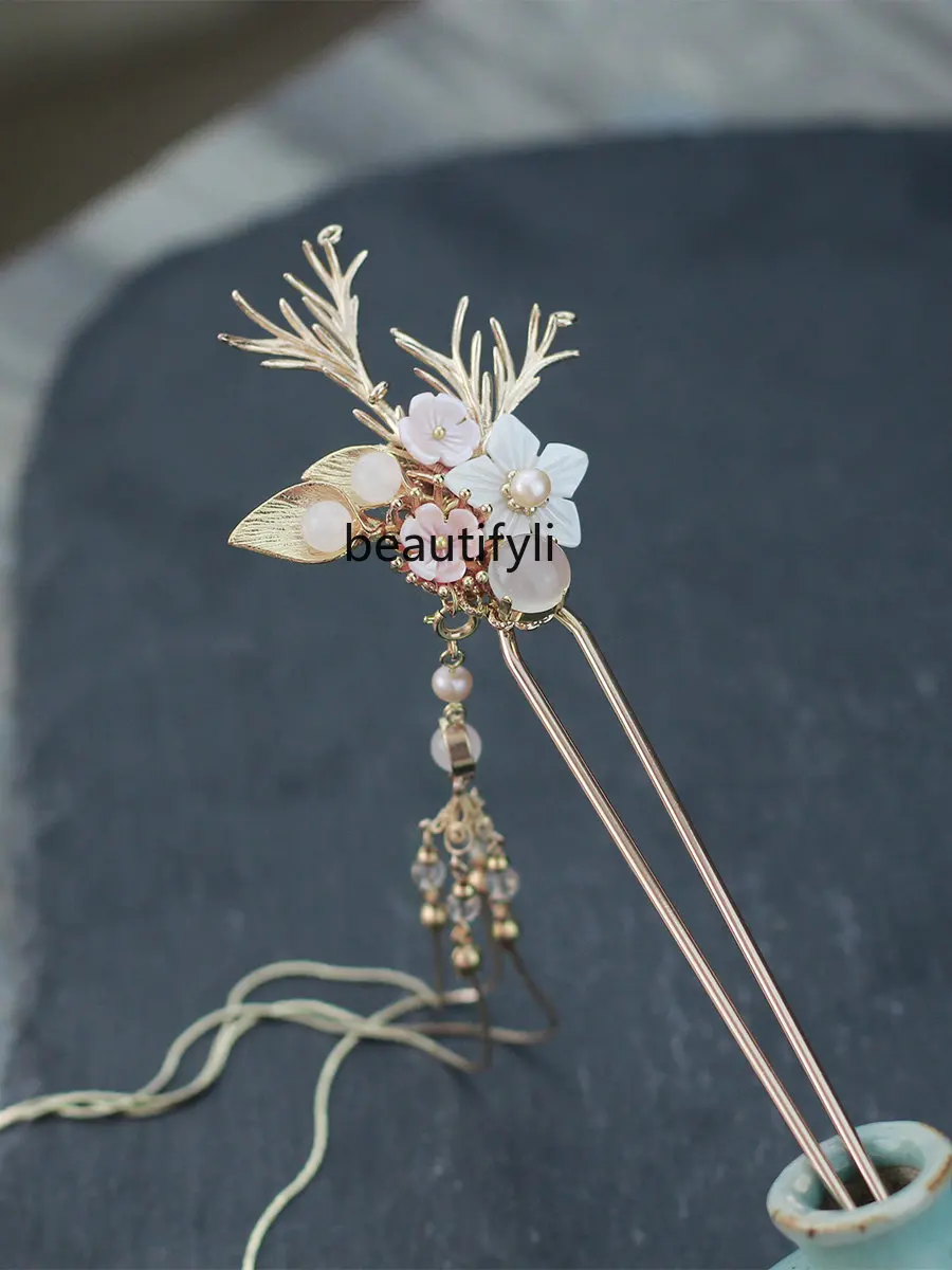 

zq Hanfu Updo Hairpin Ancient Style Female Hairpin Hairpin Tassel Hair Accessories Osmanthus Cream