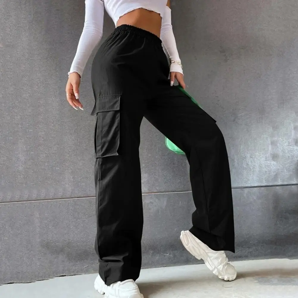 

Women Cargo Pants Spring Elastic Waist Solid Color Pockets Wide Leg Trouser Female Streetwear Joggers Sweatpants Baggy Trousers