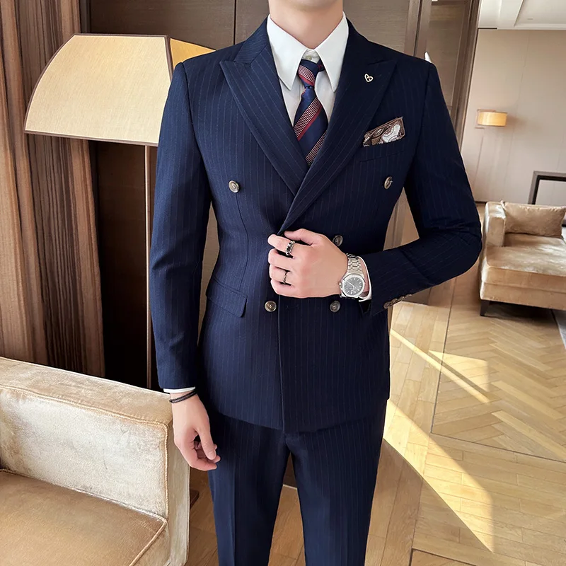 

(Blazer+Vest+Pants) Luxury High-end Brand Men's Slim Formal Business Blue Plaid Suit 3piece Groom Wedding Dress Party Tuxedo