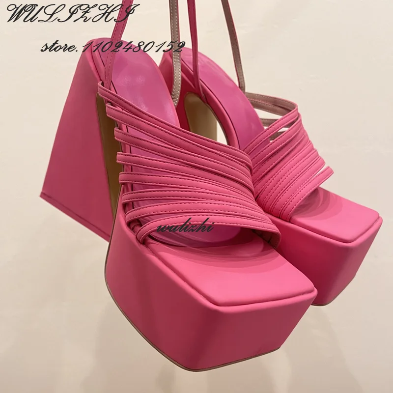 

Rose Tender Pink Girls Platform Open Sandals Casual Peep Toe Striped Hollow Black Heel Women Slingback Square Beach Summer Shoes