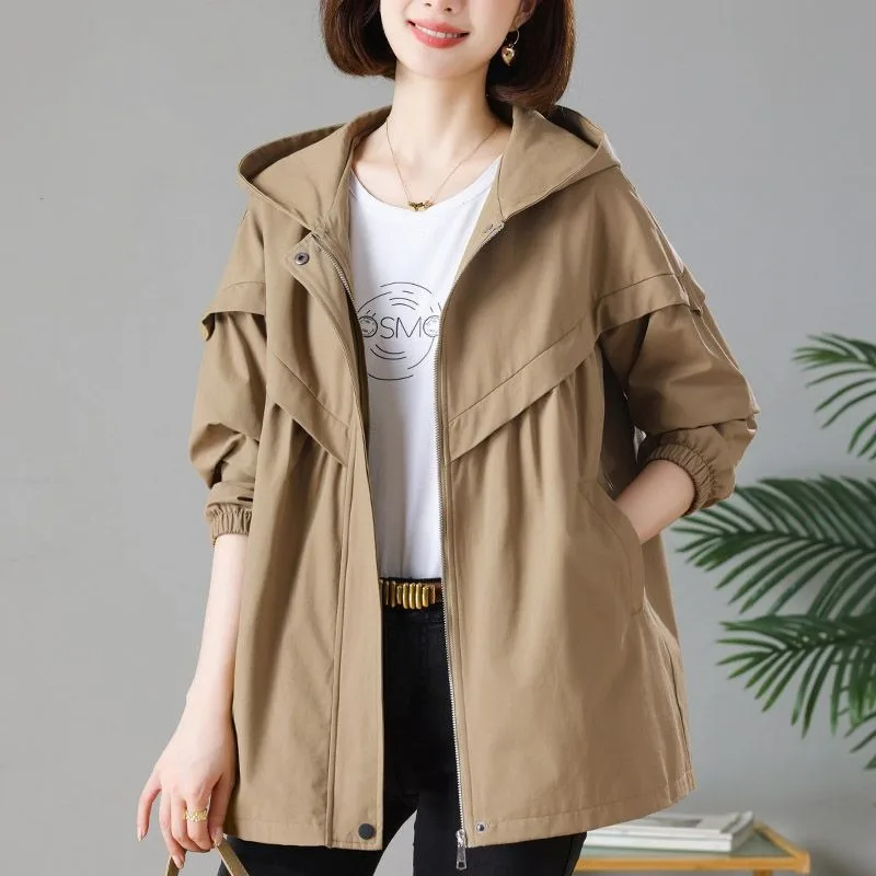 Women Spring and Autumn Fashion New Hooded Windbreaker Solid Color Zipper Pockets Splicing Lax Leisure Versatile Mid-length Coat
Women Spring and Autumn Fashion New Hooded Windbreaker Solid Color Zipper Pockets Splicing Lax Leisure Versatile Mid-length Coat