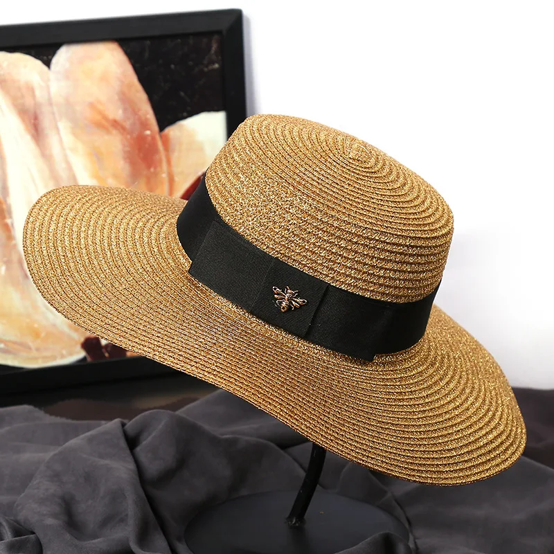 

Summer Beach Bee Straw Hat Fashion Retro Gold Braided Top Hat Women's Wide Brim Sunshade Flat Top Bucket Hat Casual Men's Cap