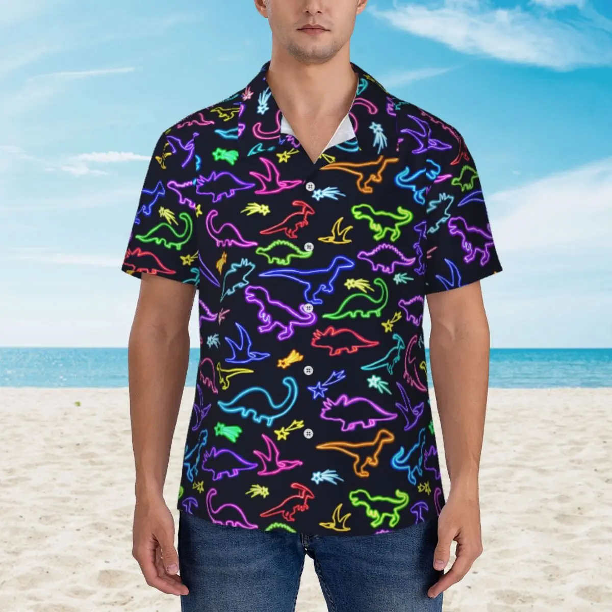 

Neon Dinosaur Beach Shirt Man Cartoon Animal Print Casual Shirts Hawaiian Short Sleeve Custom Loose Oversize Blouses Gift