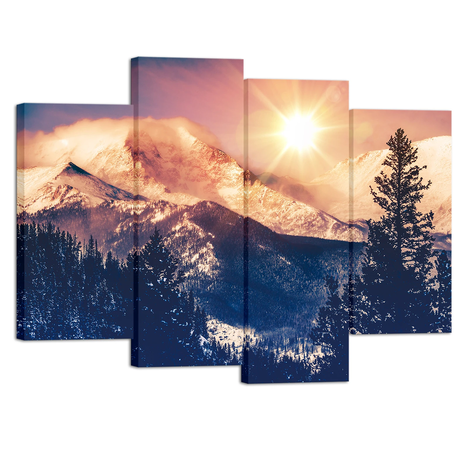 

4 Pieces Poster Wall Art Mountain Forest Print Canvas Painting Gold Sunset Modern Style Pictures Living Room Wall Decor