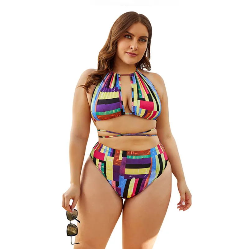 

Sexy High Waisted Bikini for Chubby Women Hot Bandage Plus Size Bikini Set BBW Plaid Swimsuit Summer Two-piece Separate Swimwear