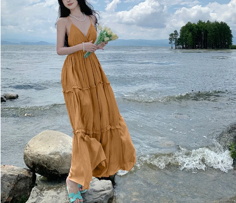 

Новинка для отпуска, летняя модная длинная юбка на бретельках с соединением по краю лотоса, пляжная юбка на бретельках, длинное платье