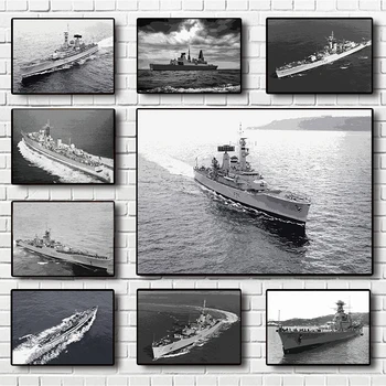 Leander Class 로얄 네이비 군함, 흑백 캔버스 페인팅, 밀리터리 벽 아트 사진 포스터 및 프린트, 홈 데코
