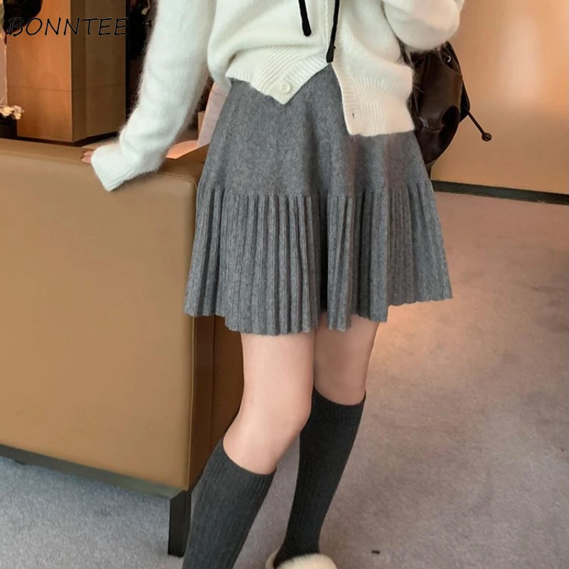 

Женская плиссированная юбка, однотонная трикотажная эластичная универсальная корейская модная Осенняя Милая Повседневная мини-юбка с высокой талией для девушек