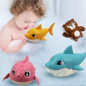 유아 목욕 장난감 귀여운 만화 수영 상어 시계 흔드는 꼬리 회전 장치, 해변 아기 목욕 욕조 와인드업 장난감