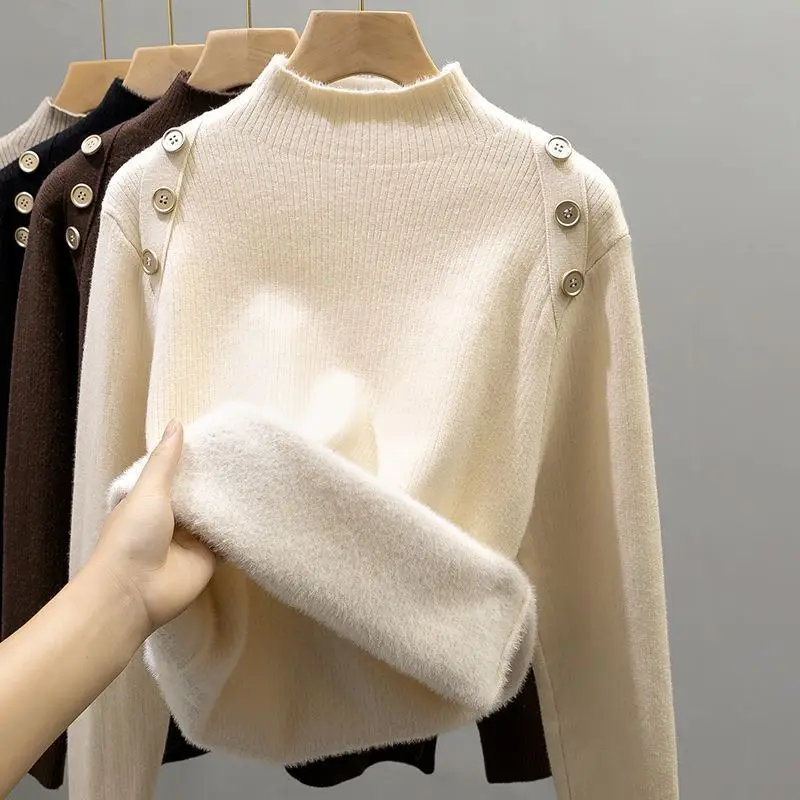 

Свитер с воротником-хомутом для женщин, сезон осень-зима 2024, плотный теплый базовый вязаный джемпер, облегающие топы, бархатный вязаный пуловер