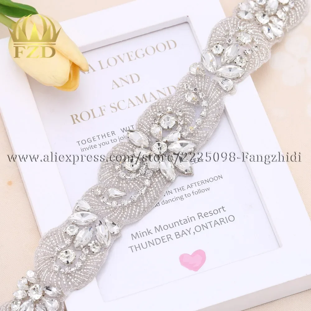 

FZD 5 PCS Handmade Bling Iron Sew on Beaded Sliver Crystal Bridal Appliques Beaded Applique for Sash Belt with Rhinestones