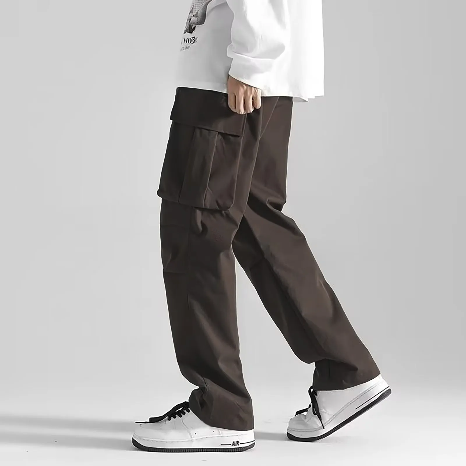 

Брюки-карго мужские с множеством карманов, однотонные прямые штаны в Корейском стиле, уличные свободные брюки в стиле хип-хоп с эластичным поясом, наряд, лето 2024