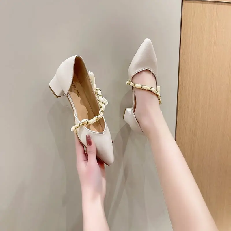 

Sandals Elastic Band High Heels Mary Jane Female Shoes 2024 Women Shallow Mouth Med Slip-on High-heeled Girls New Block Pointed