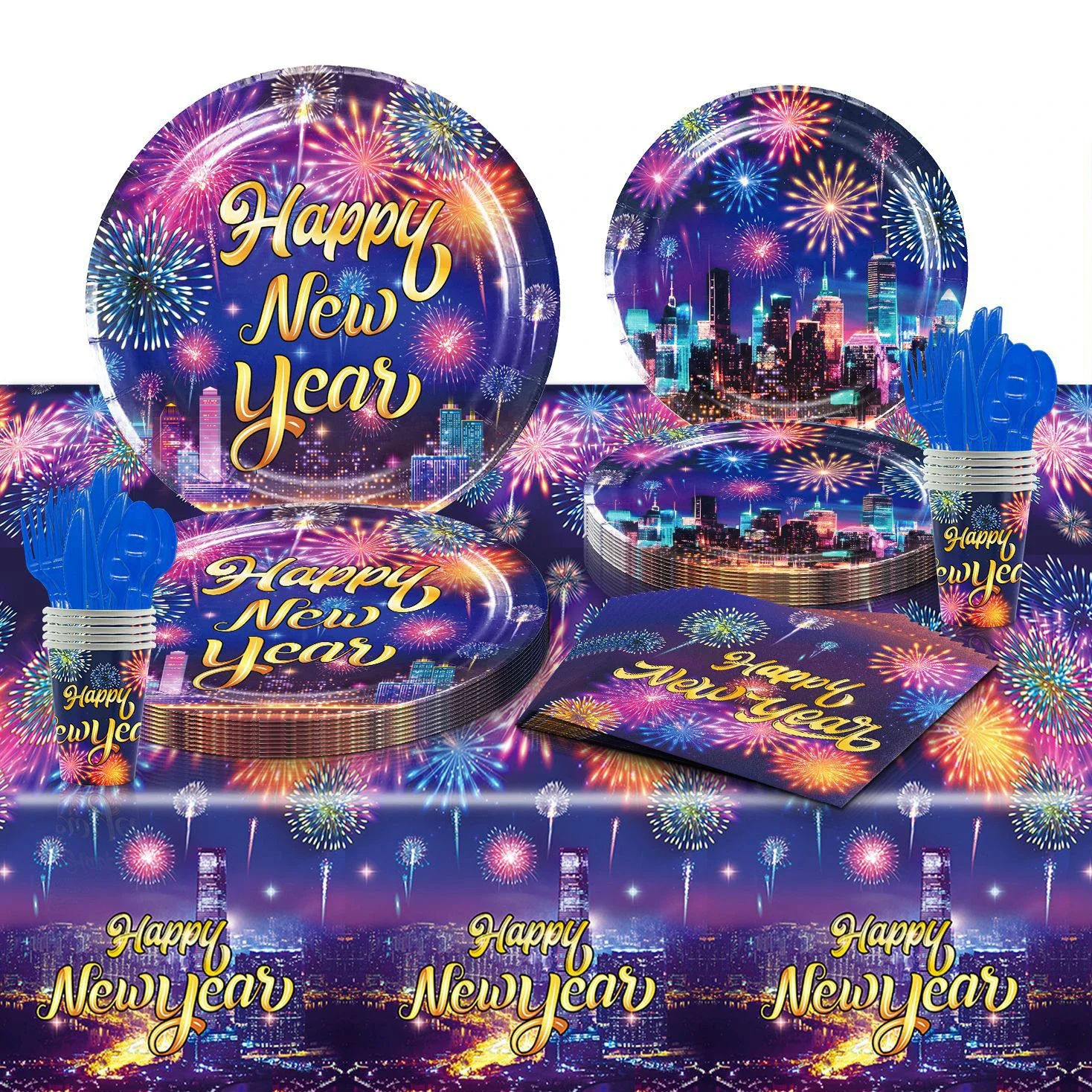 

Night View Fireworks Happy NEW YEAR Theme Birthday Party Decorative Disposable Tableware Background Baby Shower Kid Girl Gift