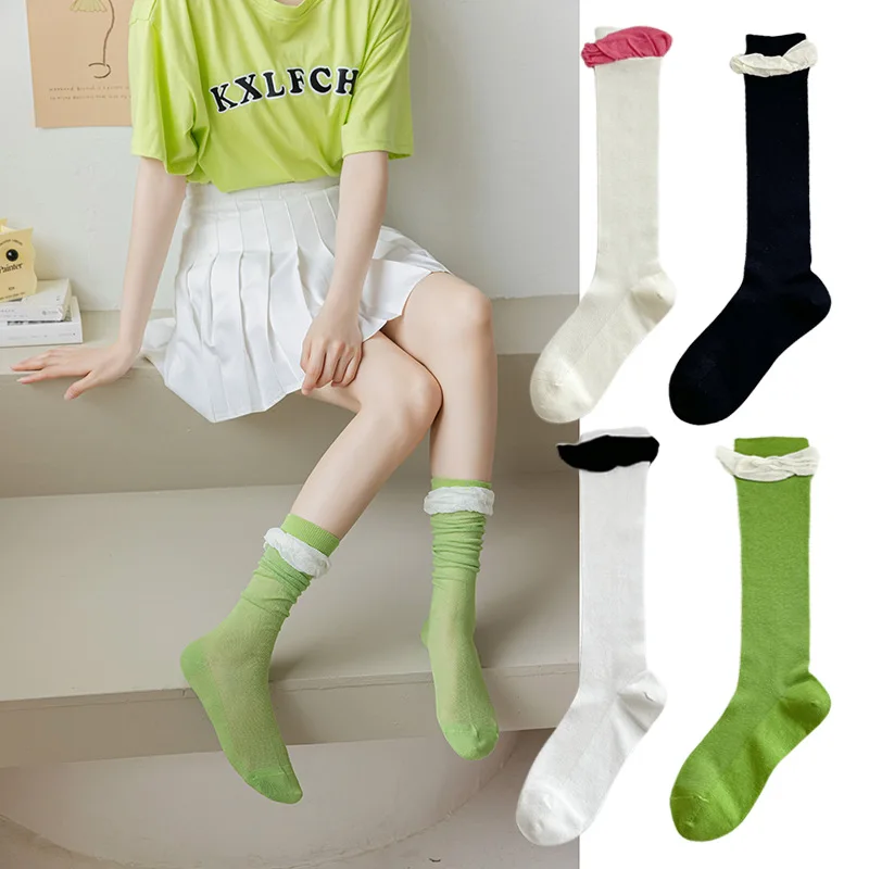 

Japanese korea JK Y2k kawaii fresh green solid color forest girl mesh breathable thin cotton pile Preppy style lolita stockings