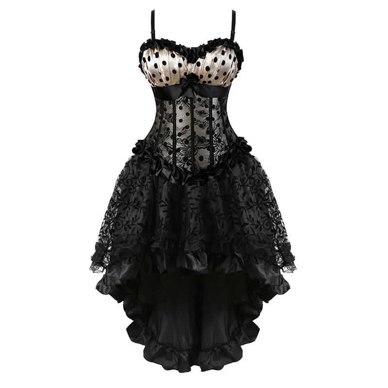 Women Sexy Lace Corset Dress Vintage Print Dot Cup Straps Overbust Corset Gothic Bustier Top Skirt Set Plus Size S-6XL
Women Sexy Lace Corset Dress Vintage Print Dot Cup Straps Overbust Corset Gothic Bustier Top Skirt Set Plus Size S-6XL