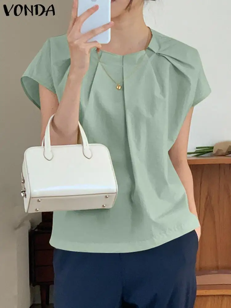 

2024 Women Blouses Summer Tops VONDA Short Sleeve Solid Color Pleated Shirt Fashion Loose Tunic OL Work Office Blusas Oversized