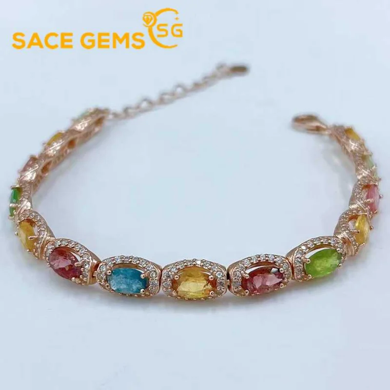 

SACE GEMS Luxury 925 Sterling Silver 4*6MM Natual Tourmaline Gemstone Bracelrts for Women Engagement Cocktail Party Fine Jewelry