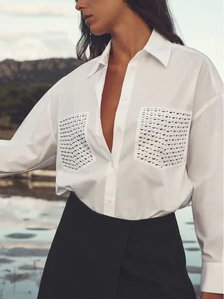 TRAF 2023 New Women Solid Blouse Tops Office Ladies Rivet Double Pockets Turn Down Collar Chic Long Sleeve Single Breasted Shirt
TRAF 2023 New Women Solid Blouse Tops Office Ladies Rivet Double Pockets Turn Down Collar Chic Long Sleeve Single Breasted Shirt