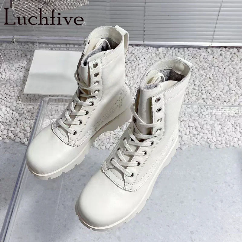 

2023 Autumn Winter New Cow Leather Thick Sole Chelsea Boots Lace Up Round Toe Short Boots Brand Classics Women's Boots