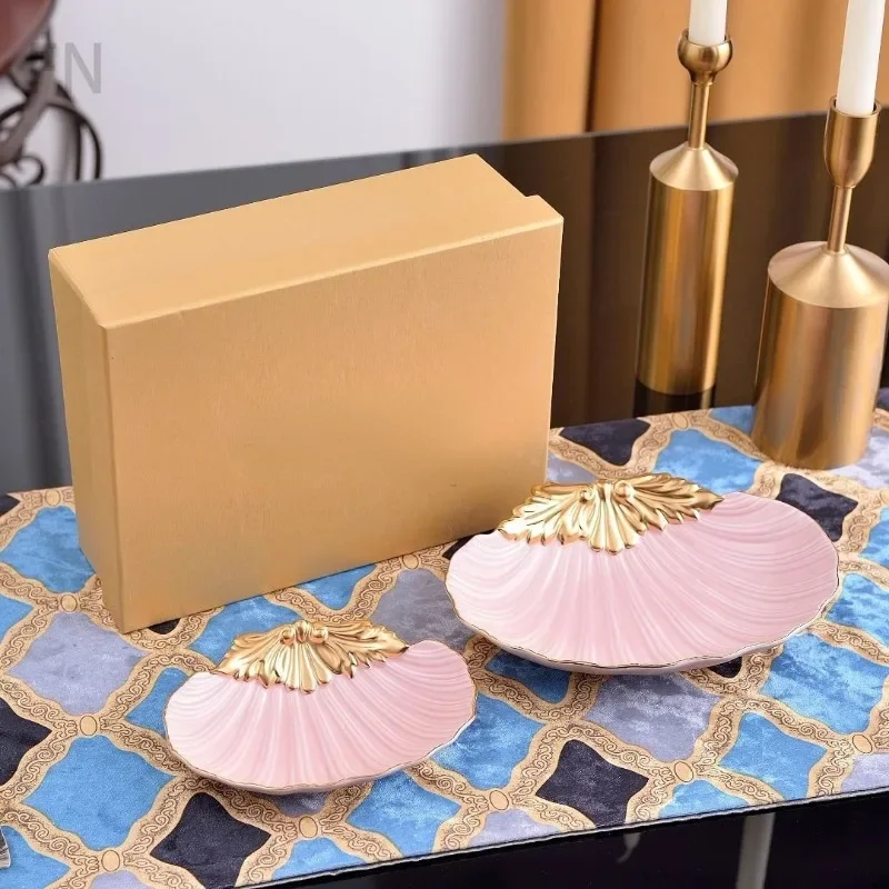

Italian Pink Ceramic Creative Shell Dim Sum Plate Size Plate Set Household Dessert, Fruit Plate Gift Box Столовый Сервиз Тарелок