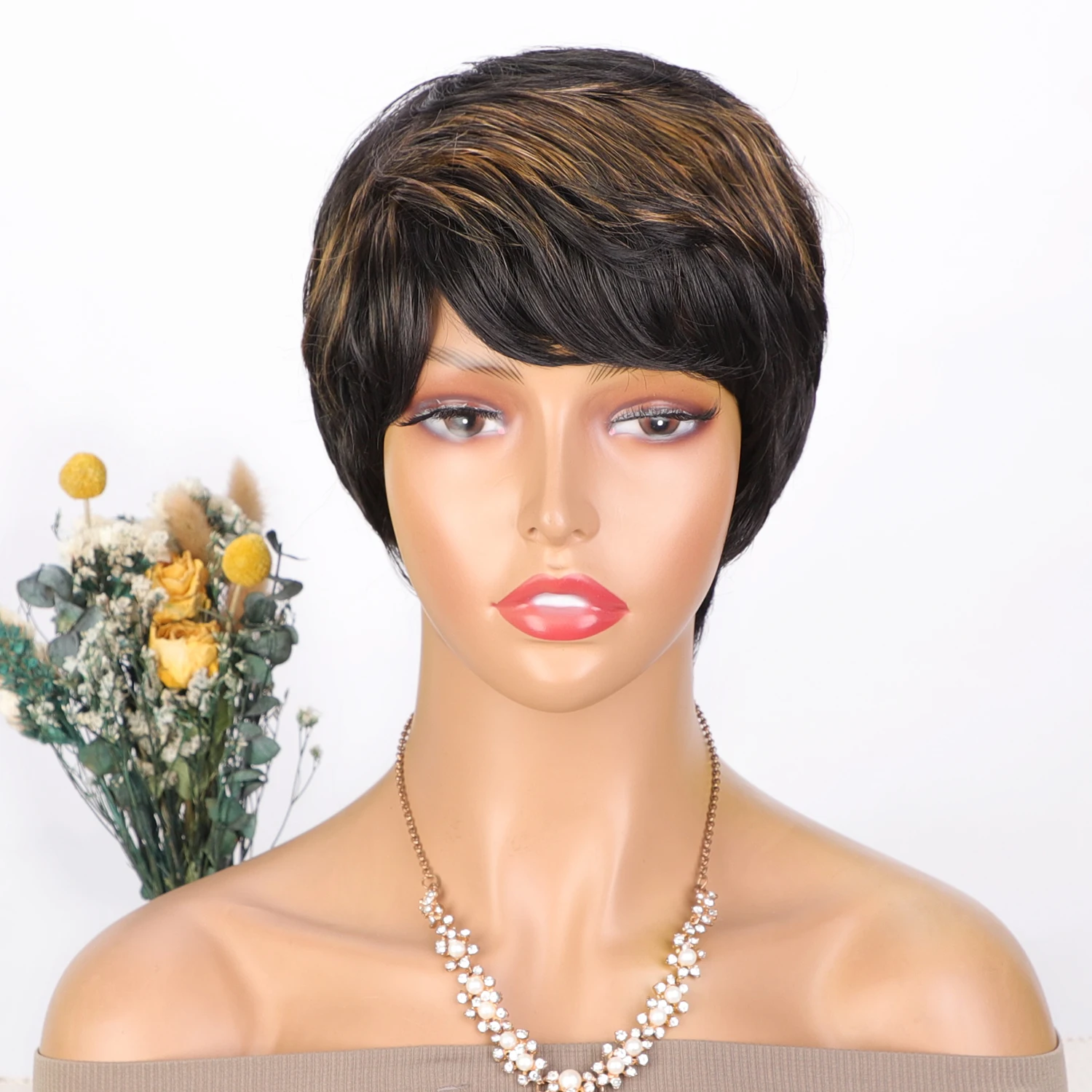 

Natural Short Bob Pixie Cut Wigs Short Straight Black Color Bob Pixie Cut Wavy Human Hair Wig With Bangs For Black Women Remy