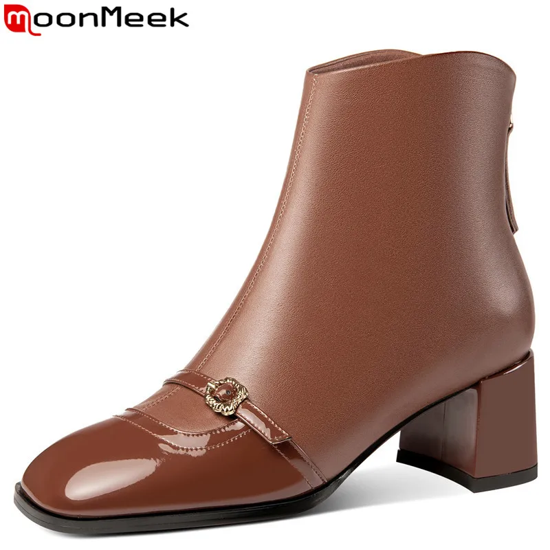 

MoonMeek 2023 Size 33-43 New Genuine Leather Winter Boots Ladies Square Toe Zipper Ankle Boots Square High Heels Shoes