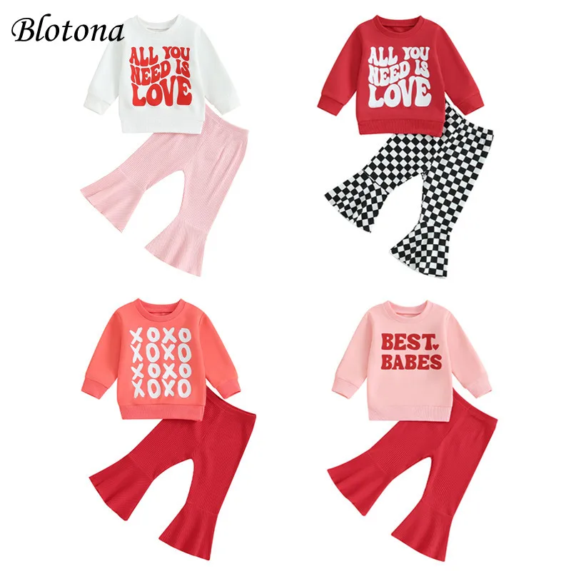 

Blotona Baby Girl Valentine’s Day Outfits Long Sleeve Sweatshirt + Checkerboard/Solid Color Pants Toddler Clothes 6Months-4Years