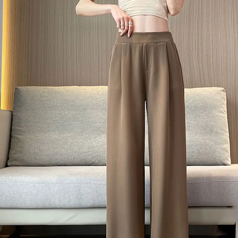 

Элегантная Модная приталенная Женская одежда в стиле Харадзюку, повседневные универсальные прямые брюки, однотонные тонкие стильные широкие брюки с высокой талией