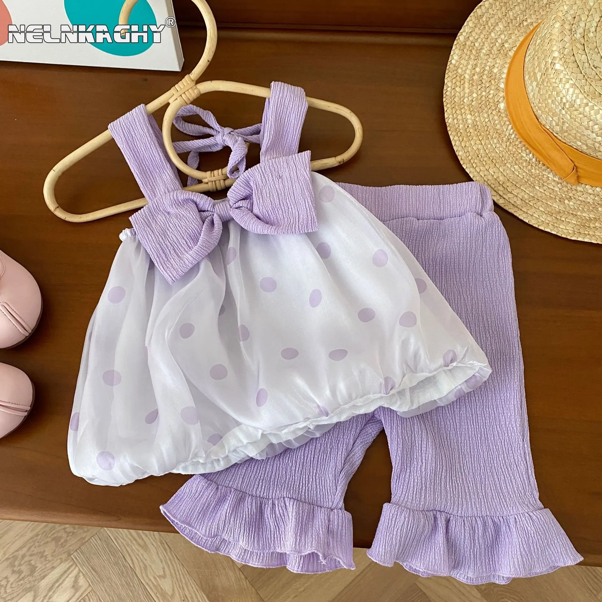 

2023 summer new in kids baby girls sling bow dot top vest+solid color flare pants toddler children fashion clothes set 2pcs 0-6Y