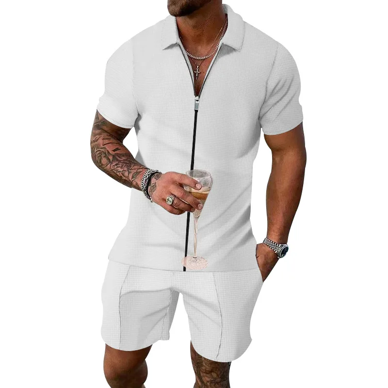 New Polo Shirt Lapel Men's Zippered Short Sleeved Shorts Solid Color Casual Set
New Polo Shirt Lapel Men's Zippered Short Sleeved Shorts Solid Color Casual Set