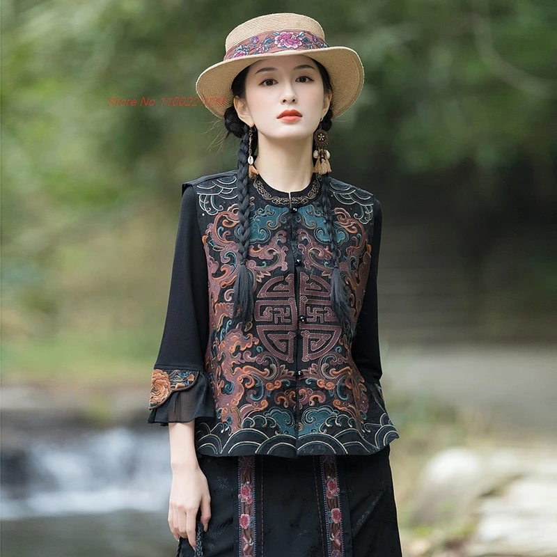 

2024 chinese vintage folk vest traditional satin jacquard vest national flower embroidery sleeveless jacket ethnic hanfu tops