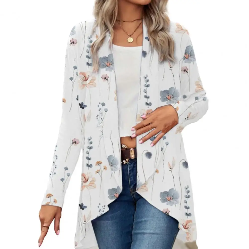 

Skin-touching Jacket Floral Print Collarless Cardigan Coats for Women Stylish Mid-length Outerwear with Irregular Hem Open Front