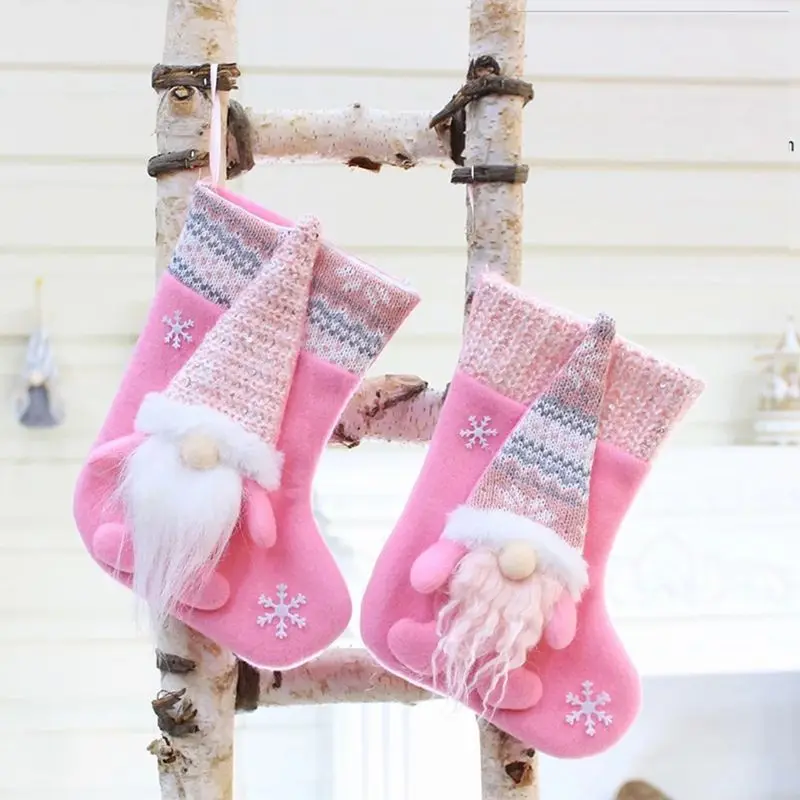 

Christmas Pink Dwarf Stocking Fabric Santa Claus Sock Gift Kids Candy Bag Snowman Deer Pocket Hanging Xmas Tree DIY Ornament