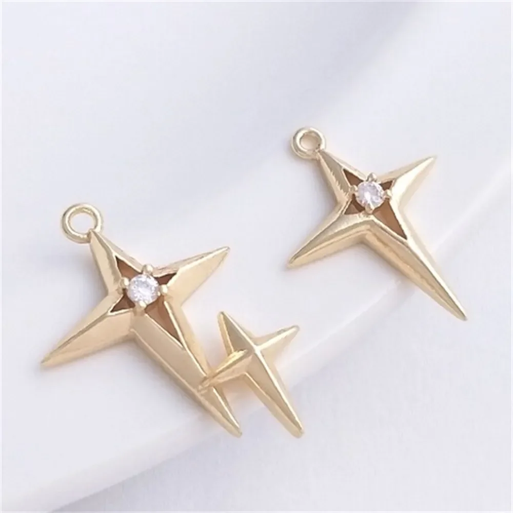 

Inlaid with Zircon 14K Gold Cross Shaped Star Pendant DIY Necklace Earring Charms Pendant K485