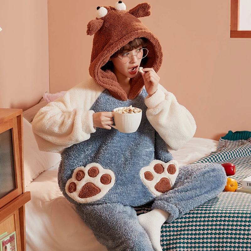 Winter Warm Women Pajama Set Sleepwear Thicken Coral Fleece Pyjama Pour Femme Cartoon Bear Ear Hooded Pyjamas Nightwear Home
Winter Warm Women Pajama Set Sleepwear Thicken Coral Fleece Pyjama Pour Femme Cartoon Bear Ear Hooded Pyjamas Nightwear Home