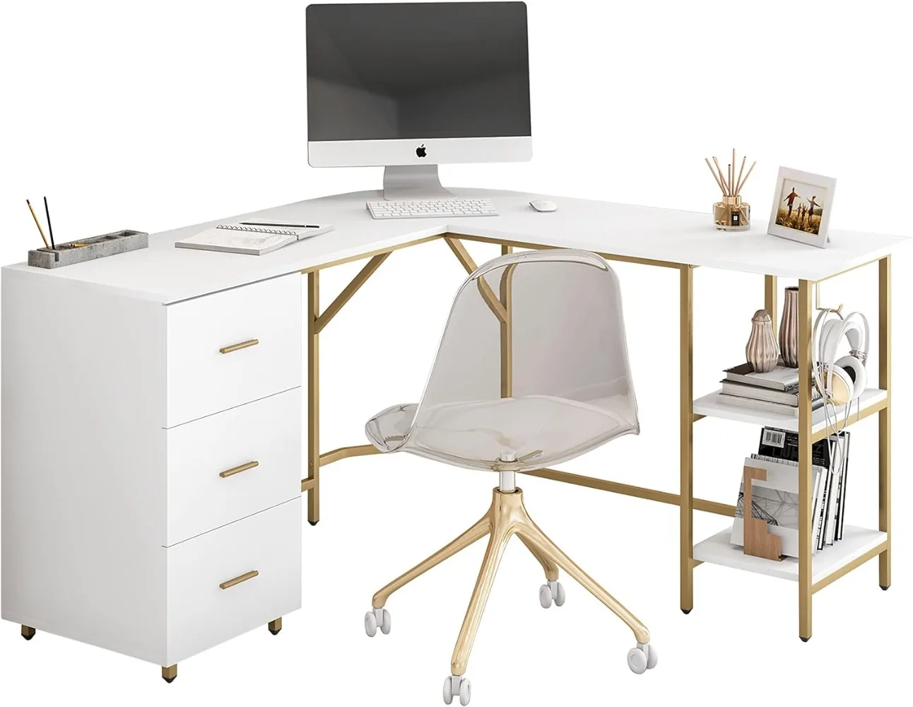 

Techni Mobili L Shaped Desk - Two-Toned Computer Desk with Drawers & Storage Shelves - Simple Modern Furniture & Home Office