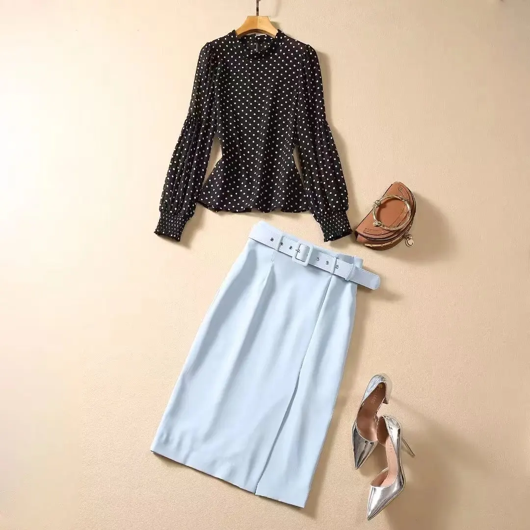 European and American women's clothing 2023 autumn new Long-sleeved polka dot print shirt Blue skirt Fashion suit XXL
European and American women's clothing 2023 autumn new Long-sleeved polka dot print shirt Blue skirt Fashion suit XXL