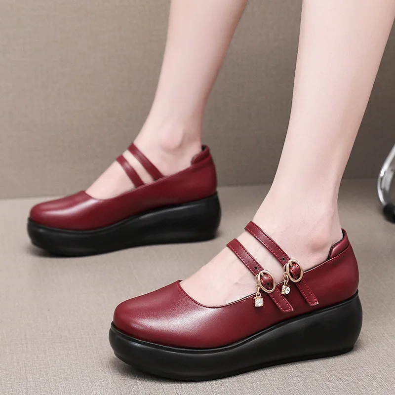 

6cm Small Size 32-43 Double Buckle Shallow Mary Janes Platform Pumps 2024 Med Heels Wedges Shoes Leather for Office Mom Girls