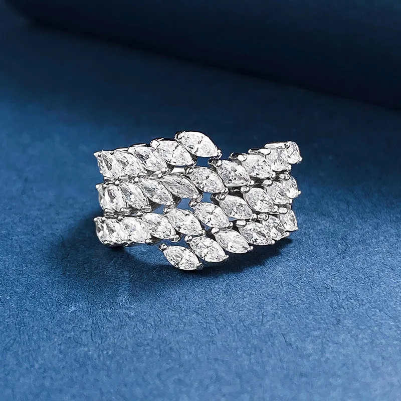 

Authentic S925 Sterling Silver Wedding Ring for Women Similar Moissanite Diamond Cluster Ring Horse Eye Shape