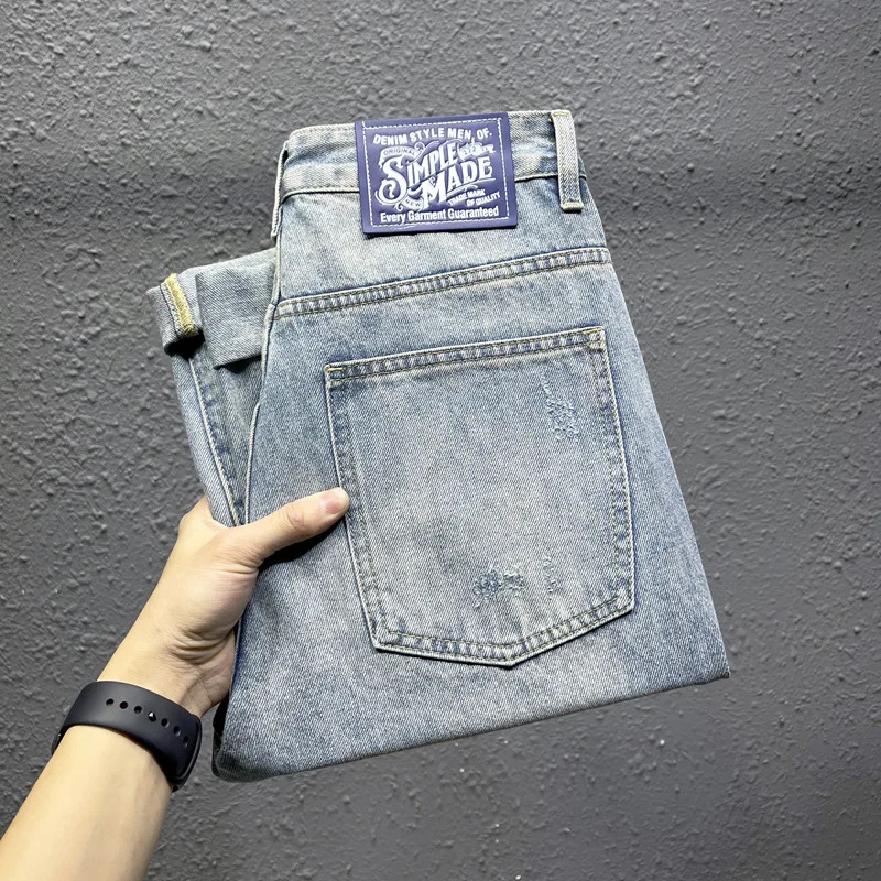 

2024 New Ripped Trendy Cropped Pants Men's Spring and Summer Street Tide Brand Washed-out Vintage Distressed Blue Jeans