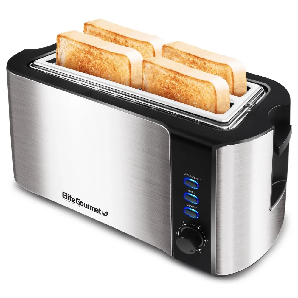 

New Stainless Steel 4 Slice Long Slot Toaster, 6 Variable Toast Shade Settings as Well as Cancel, Defrost, and Reheat Functions