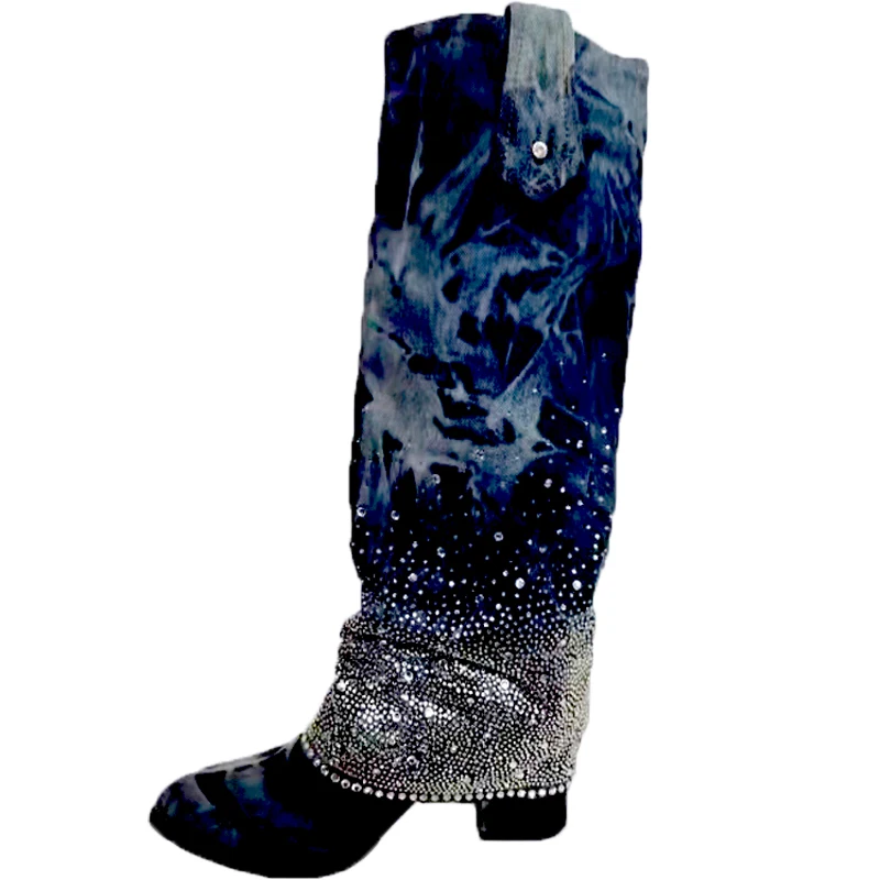 

Super Bling Crystal Fold-over Denim Knee Boots Cover Chunky Heel Pointy Toe Retro cloth Boots Woman Rhinestone Jean Knight Boots