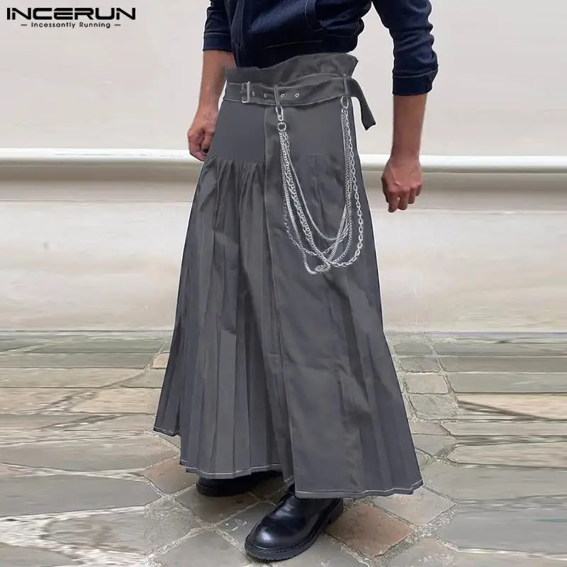 

INCERUN 2024, мужские брюки в американском стиле, плиссированные дизайнерские полуюбки, брюки, Повседневная Уличная одежда, однотонные длинные брюки с широкими штанинами